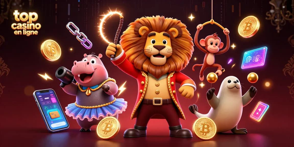 Top casino en ligne : illustration animée avec un lion et un hippopotame, plongez dans l'univers des jackpots.