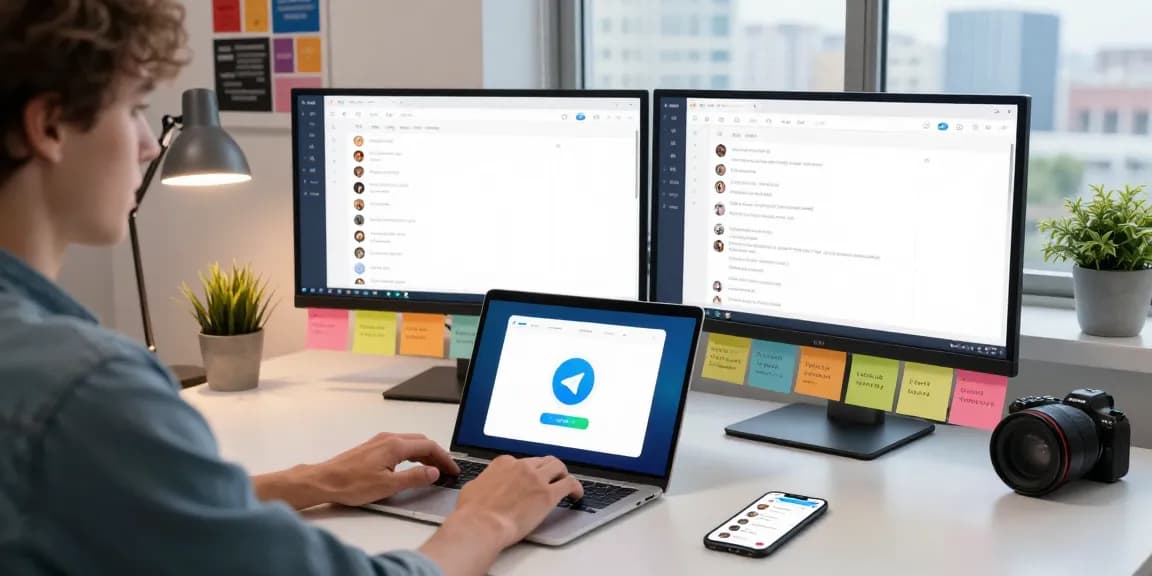 Explore telegram chinese FAQ with a user setting up Telegram in Chinese on a modern workspace.