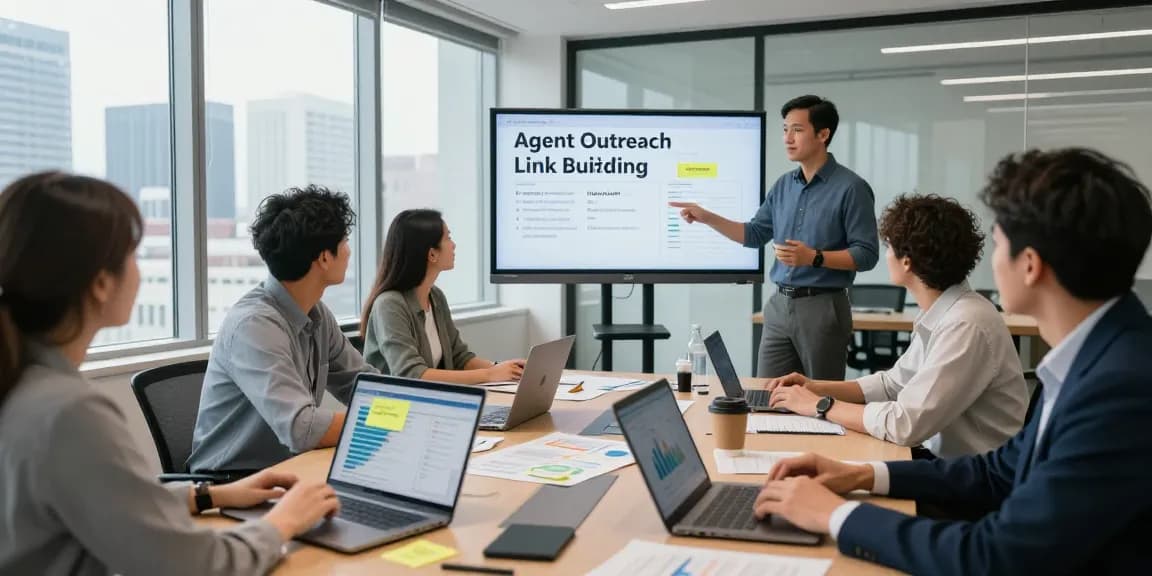 Collaborative meeting showcasing an Agent Outreach link building strategy in a modern office environment.