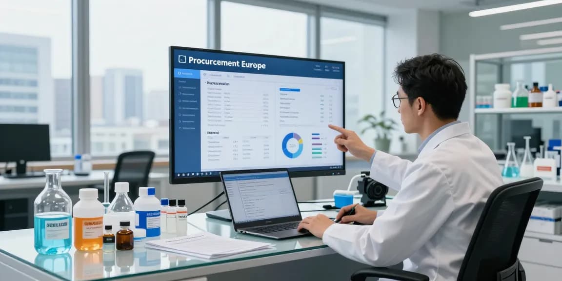 Procurement manager analyzing data for chemical procurement Europe in a modern office setting with chemical samples and digital displays.