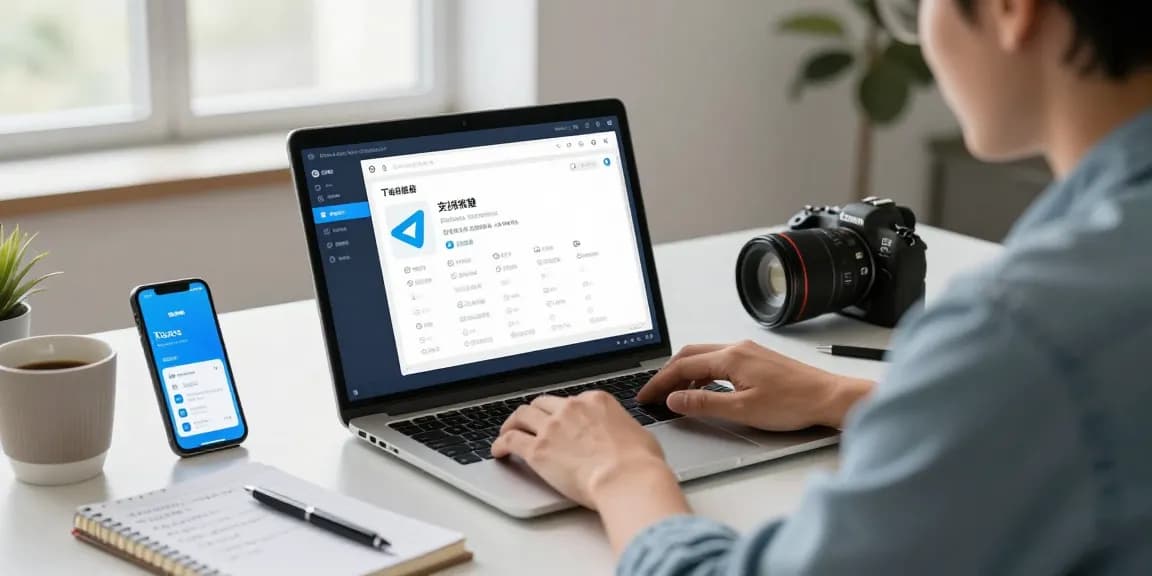 A user navigating the telegram china telegram guide on a laptop with language settings displayed in a modern workspace.