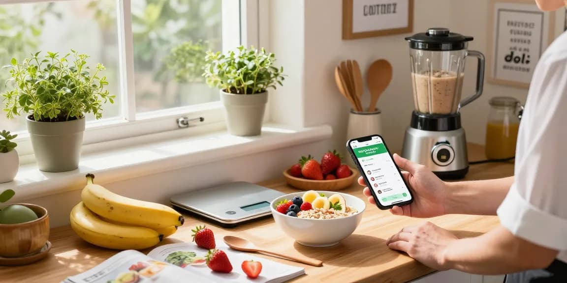 Healthy breakfast preparation showcasing the best calorie tracking app on smartphone and vibrant ingredients.