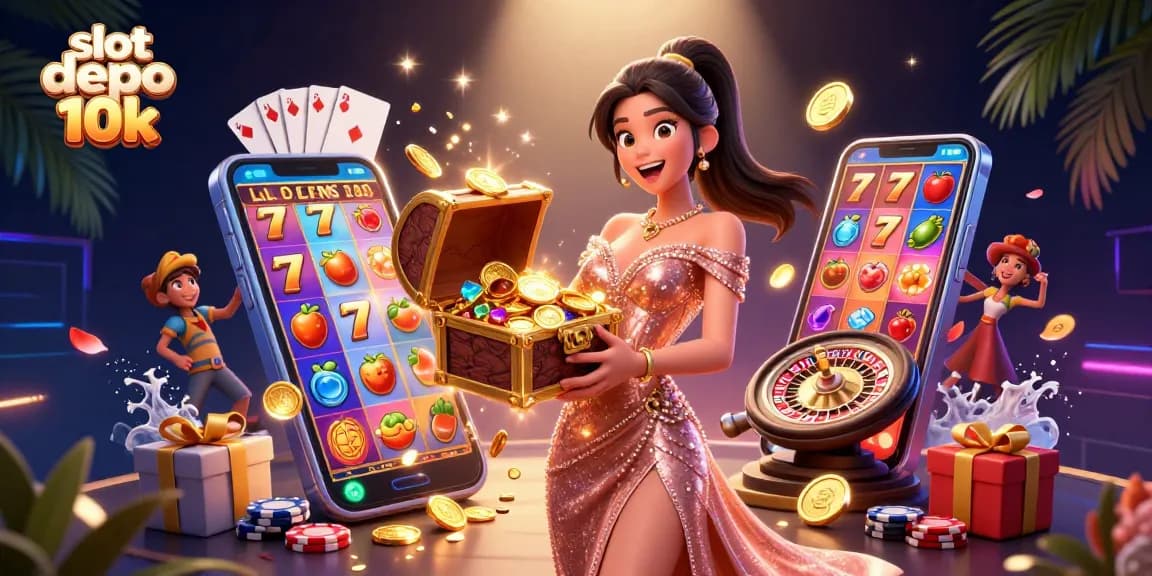Play thrilling slot depo 10k as a stunning woman reveals treasures from a chest, surrounded by casino elements.