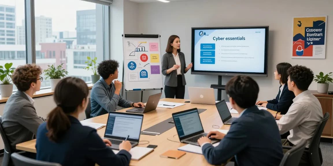 Professionals learning how to get cyber essentials certified in a modern office training session.