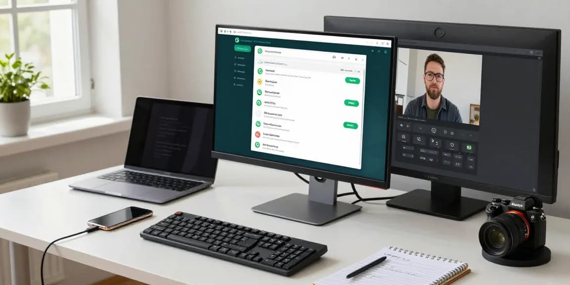 Using WhatsApp網頁版 on dual monitors in a productive tech workspace