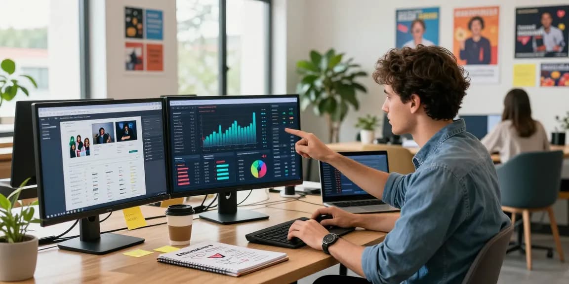 Marketer analyzing digital marketing data in a vibrant workspace, focusing on raja328 alternatif strategies.