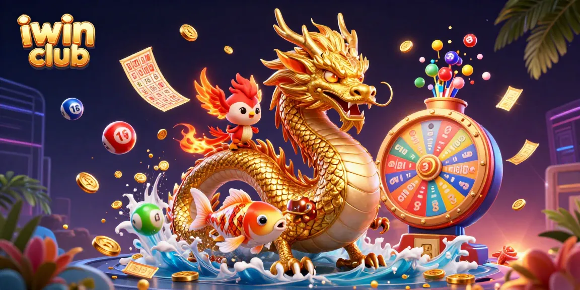 Experience exciting gameplay at iwin club with a fierce dragon, phoenix, and lucky koi amidst vibrant casino elements.