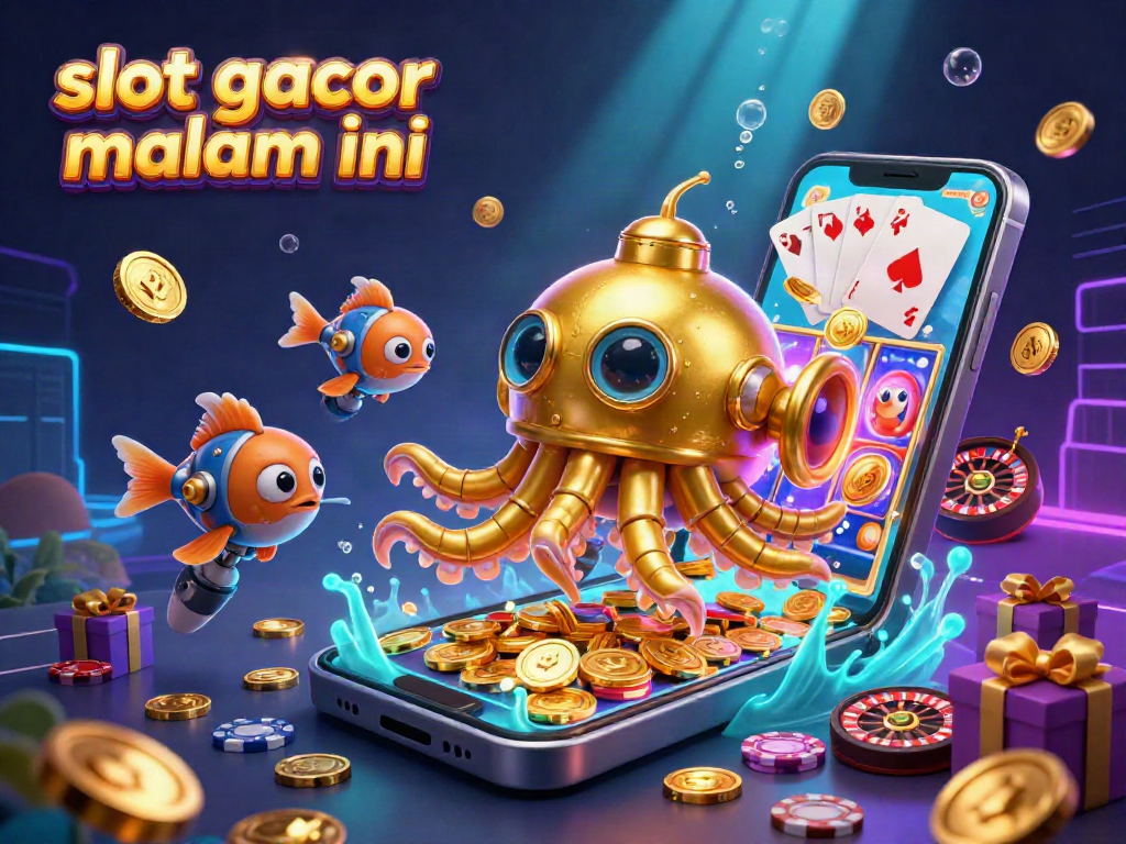 Experience the thrill of slot gacor malam ini while admiring the mechanical crew and golden kraken submarine.