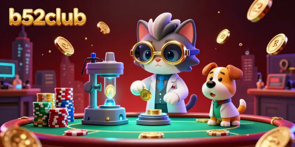 Join the excitement at b52club with a thrilling illustration of mad scientist cat and dog in a vibrant gaming lab.