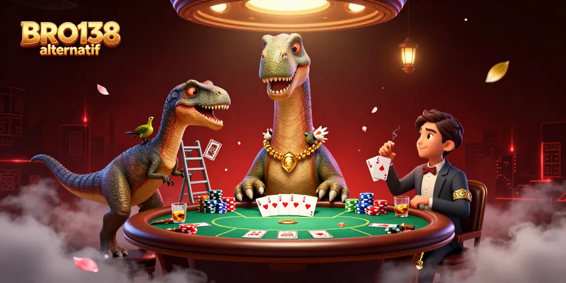 Engage with BRO138 alternatif, a vibrant casino scene with a brontosaurus and poker elements.