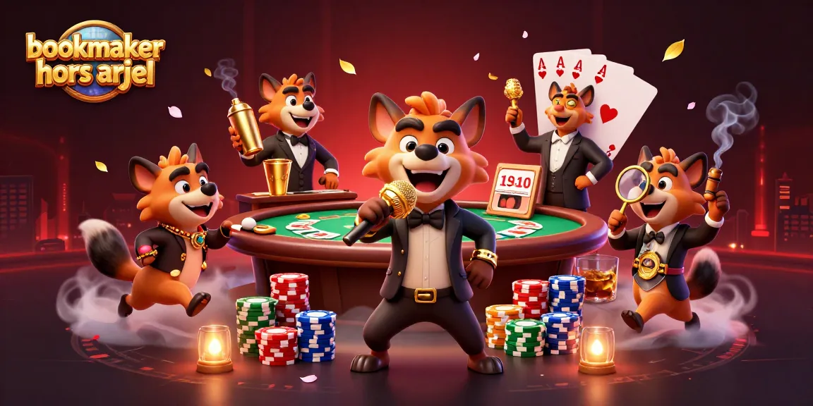 Illustration de bookmaker hors arjel : hyènes animées animant un club de casino comique.