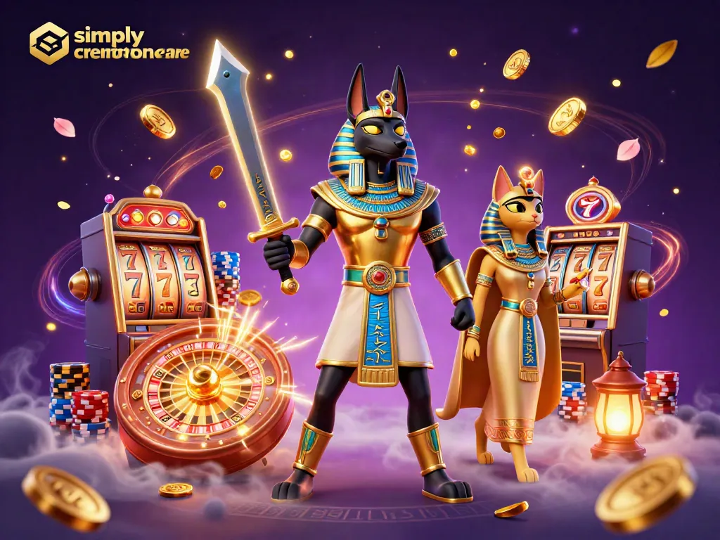 Simbol keberuntungan simplycremationcare dalam ilustrasi 3D menunjukkan Anubis dan Bastet bermain mesin slot dengan keberuntungan terbaik.