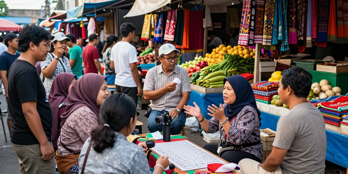 Meramal nomor rejeki di pasar tradisional yang ramai dengan banyak orang berdiskusi.