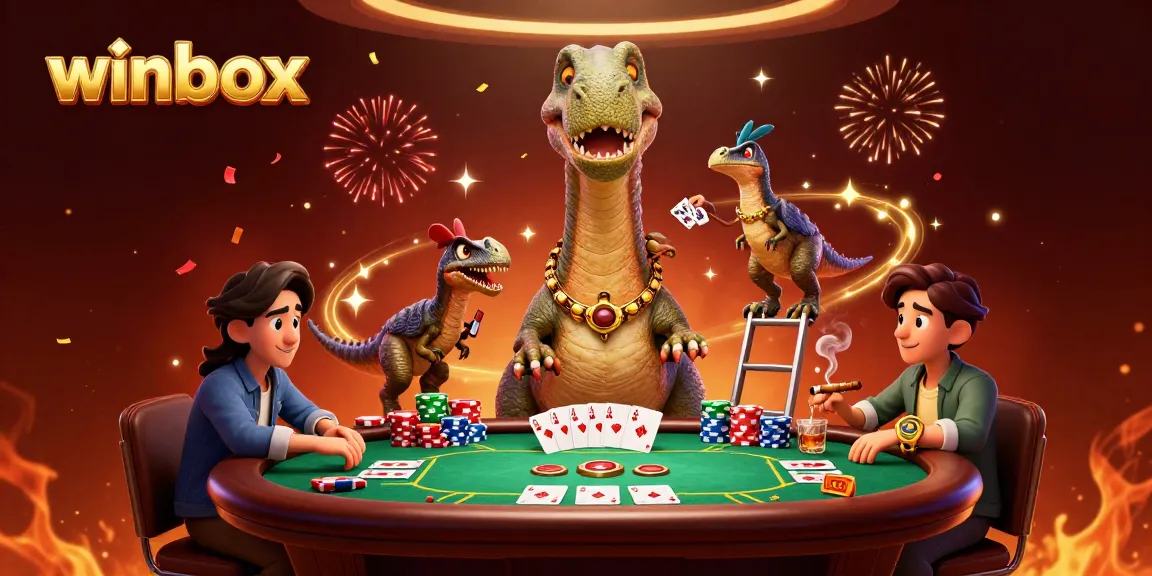 Winbox captures a playful casino scene with a brontosaurus, raptor dealer, and vibrant poker elements.
