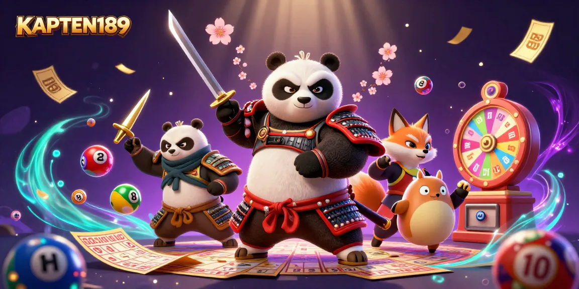 KAPTEN189 menghadirkan ilustrasi kasino 3D epik dengan panda samurai dan rubah ninja dalam aksi.