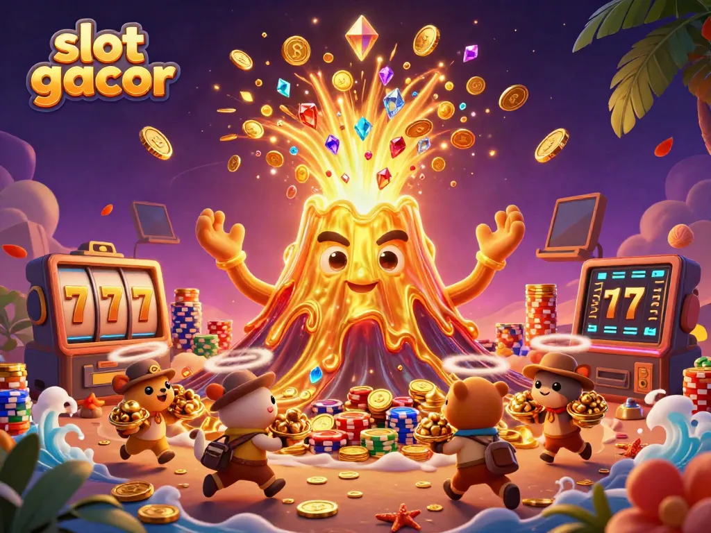 Experience the thrill of slot gacor with a triumphant golden volcano and treasure-filled scene