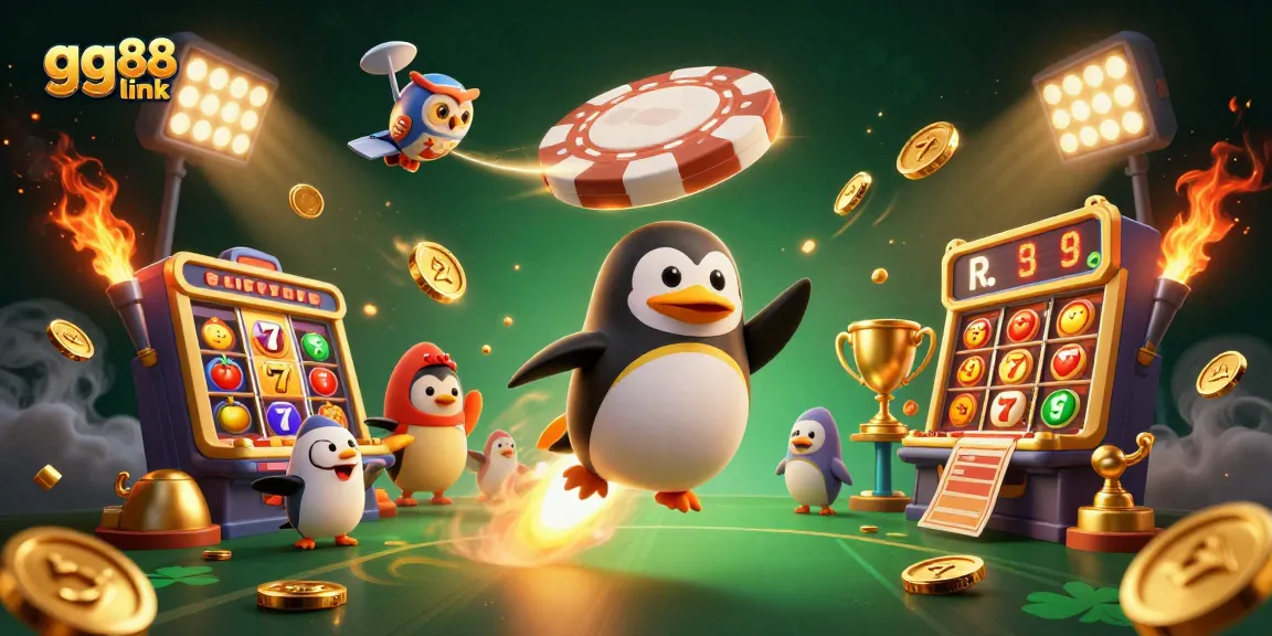 Experience the thrill at GG88 link with a dynamic 3D casino scene featuring a golden penguin and casino elements.
