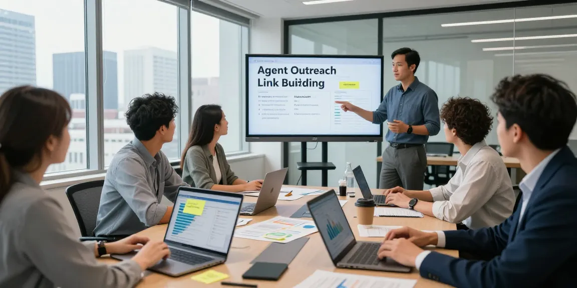 Collaborative meeting showcasing an Agent Outreach link building strategy in a modern office environment.