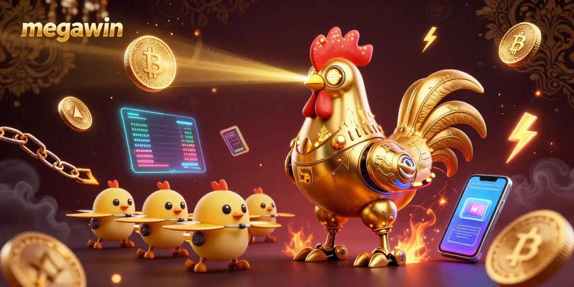 Engage in megawin excitement with a golden rooster robot and crypto treasures in a vibrant casino scene.