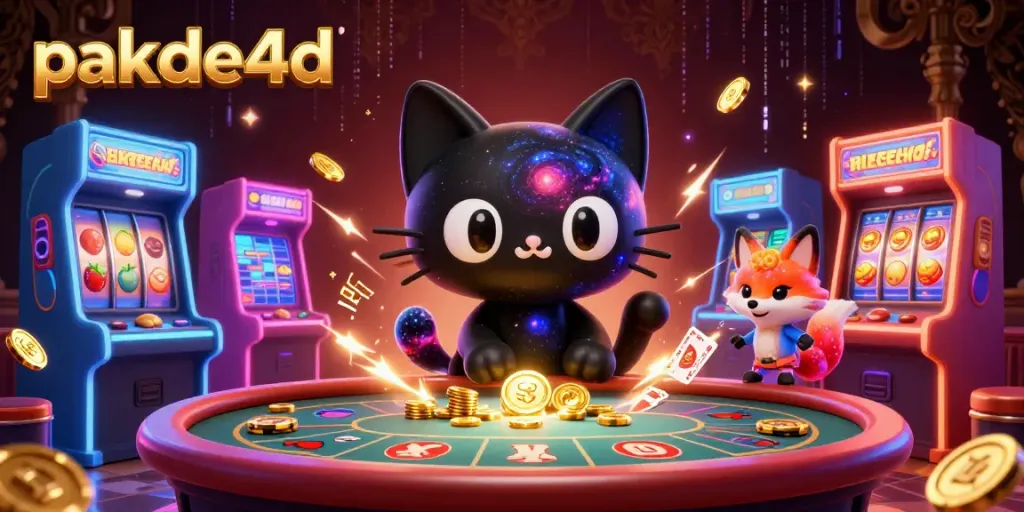 Engage with pakde4d's vibrant cosmic casino scene featuring a black hole cat and playful fox.