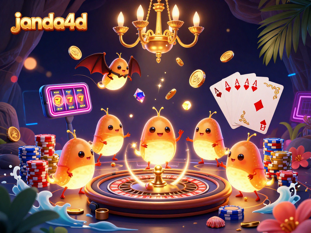 Experience janda4d in a vibrant, illuminated cave casino, vividly showcasing glowing elements and rich details.