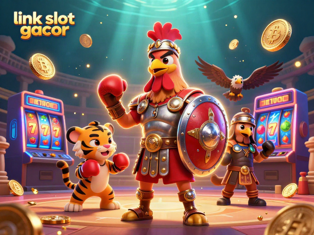 Engage with the link slot gacor action scene featuring a gladiator rooster, sparring tiger cub, and vibrant casino elements.