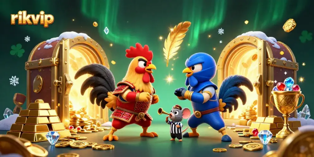 Experience thrilling duels in rikvip's exciting 3D casino world with dynamic fighting roosters and treasure elements.