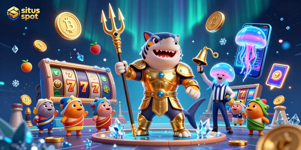 Membuka peluang menang di situs slot dengan ilustrasi kasino yang menampilkan hiu kartun ganas bersenjatakan trisula.