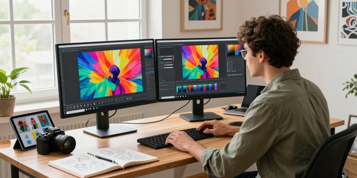 Creative workspace scene with a designer using nano banana 2 AI editor, showcasing vibrant artwork on dual monitors.