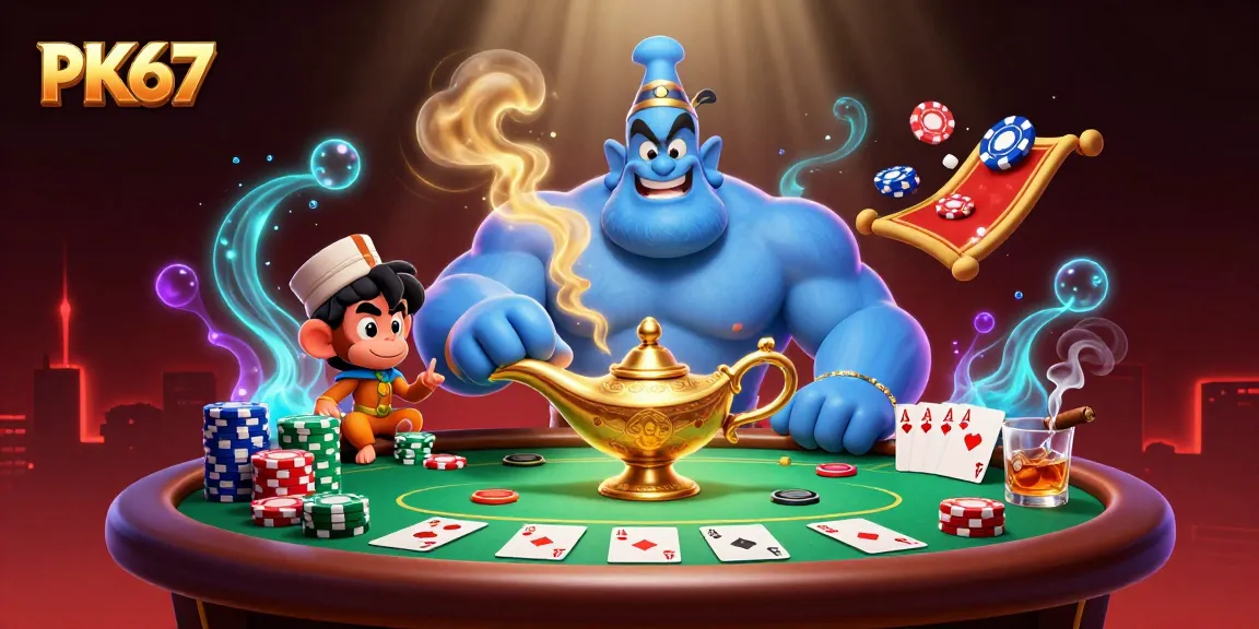 Join the exciting PK67 gaming scene with a genie, poker chips, and vibrant action!