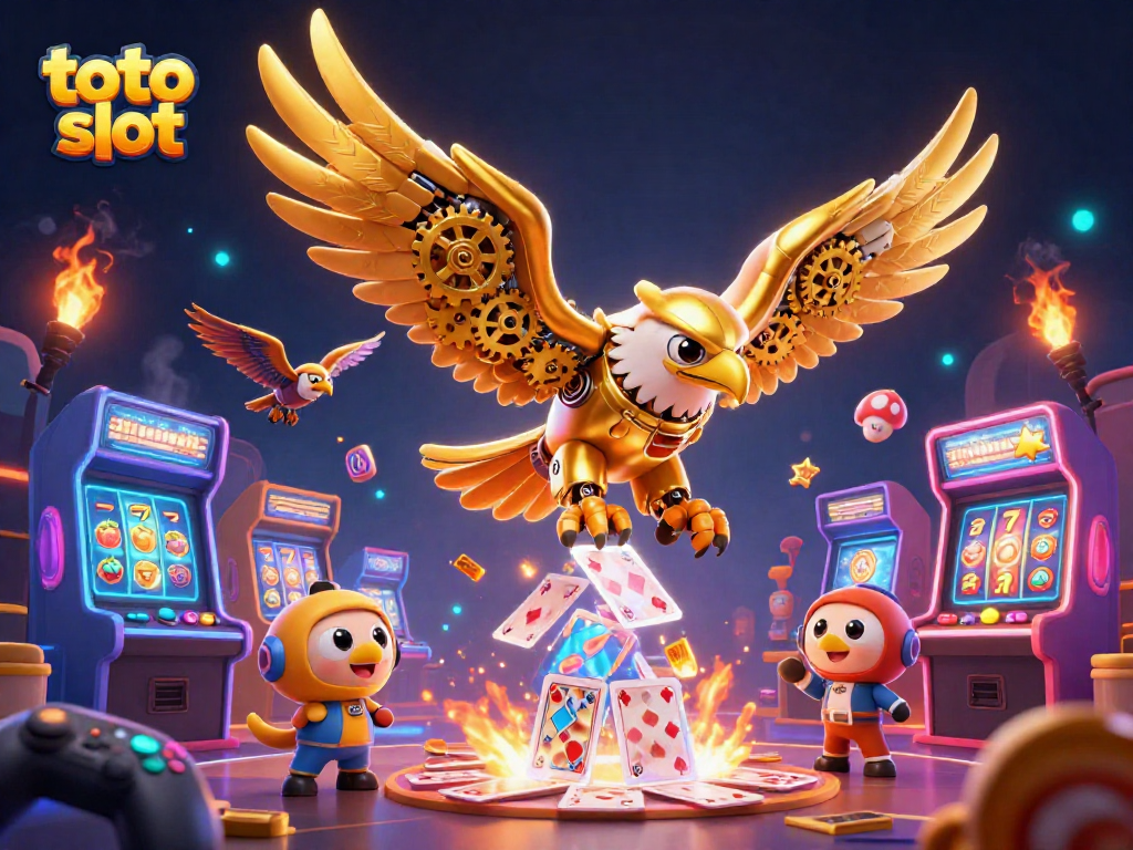 Experience thrilling toto slot action with intricate 3D characters, colorful game machines, and vivid casino elements.