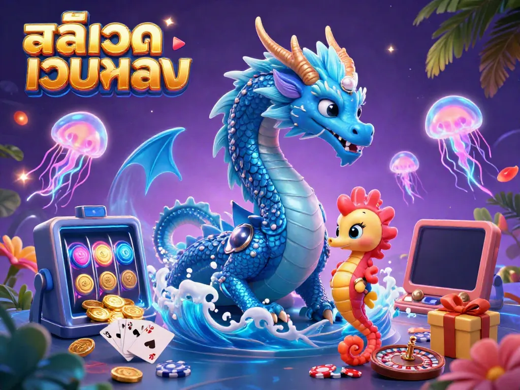 Engage with สล็อตเว็บตรง through an enchanting scene of a water dragon, a seahorse knight, and vibrant game elements.