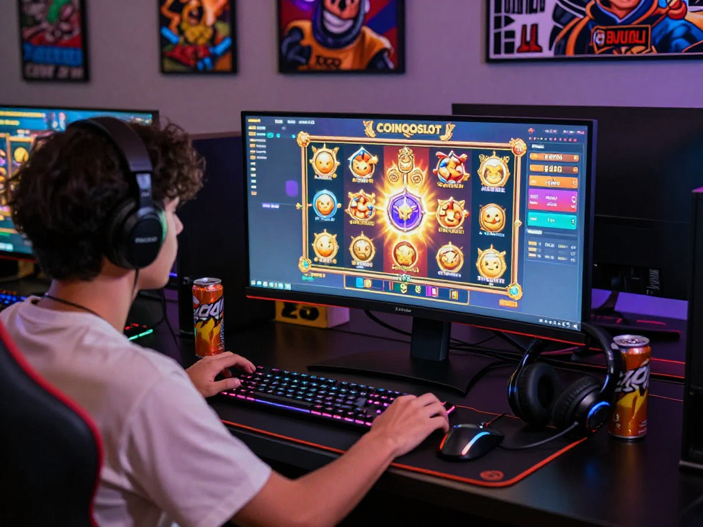 Gamer enjoying bandar slot gacor on COINQQSLOT with vibrant graphics and immersive setup