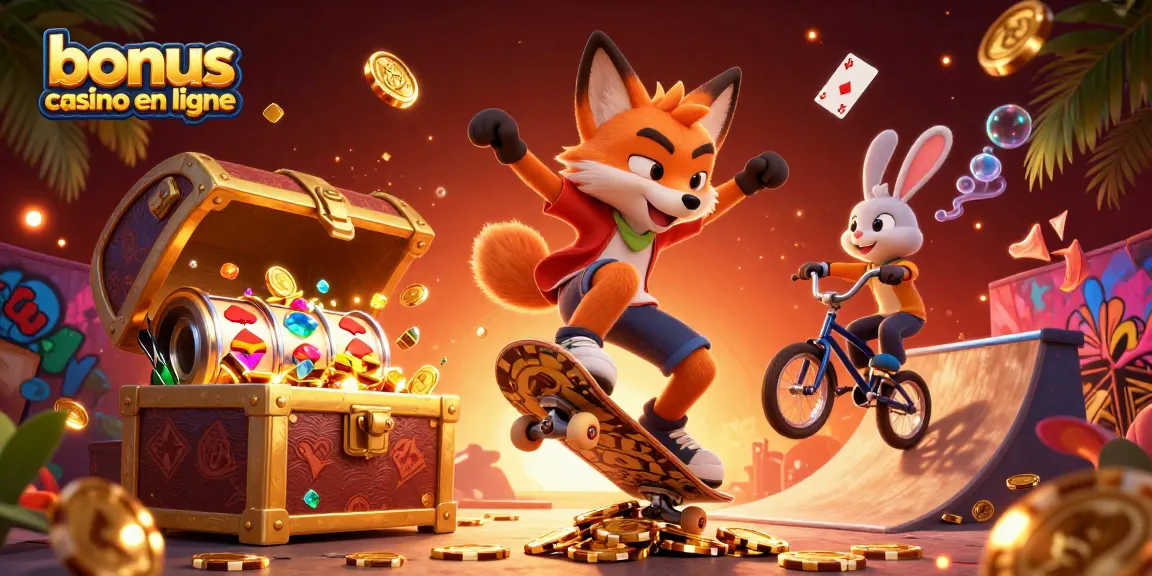 Le bonus casino en ligne et les jeux de casino prennent vie avec un renard skateboarder effectuant un trick.