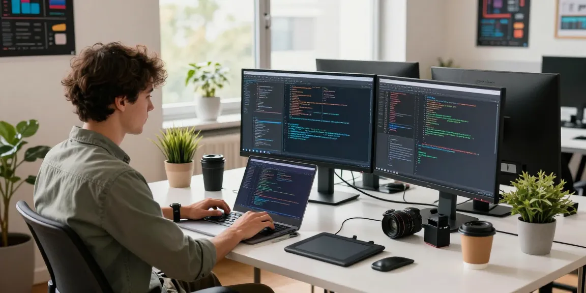 Dynamic software development workspace showcasing productivity at teiegramin.com with tech tools, natural light, and collaborative atmosphere.