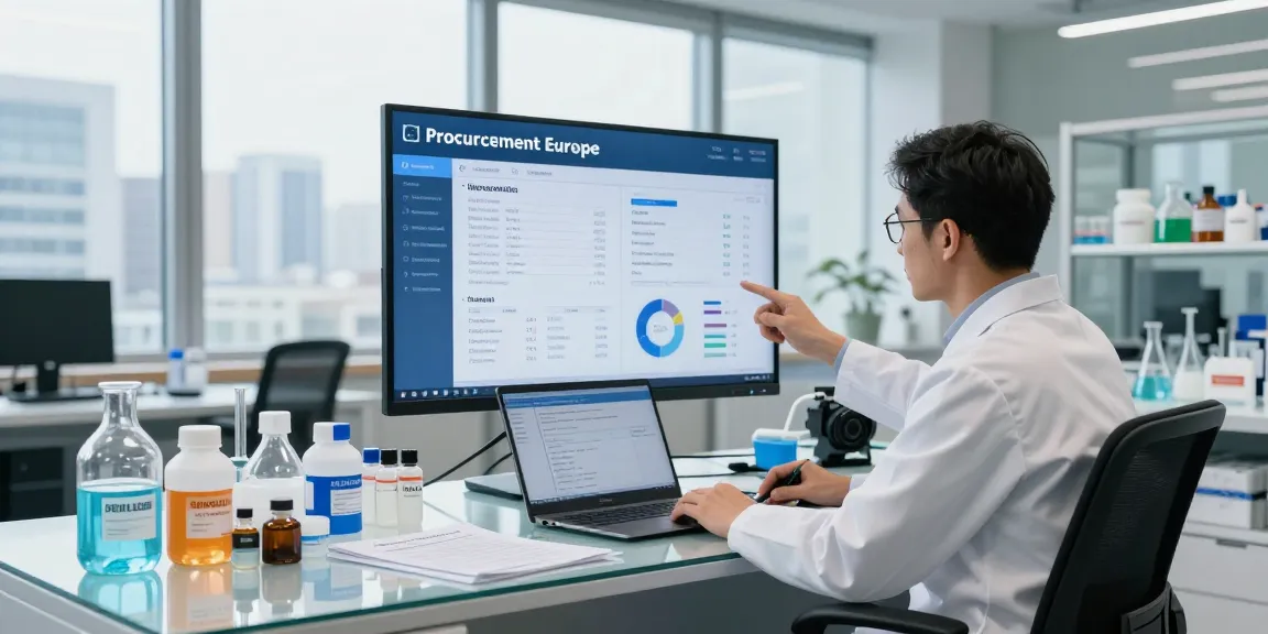 Procurement manager analyzing data for chemical procurement Europe in a modern office setting with chemical samples and digital displays.