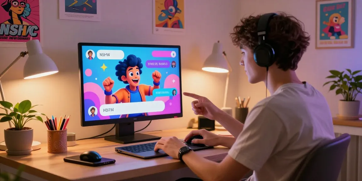 Vibrant NSFW chat experience with user and AI avatar interaction in a cozy home office.