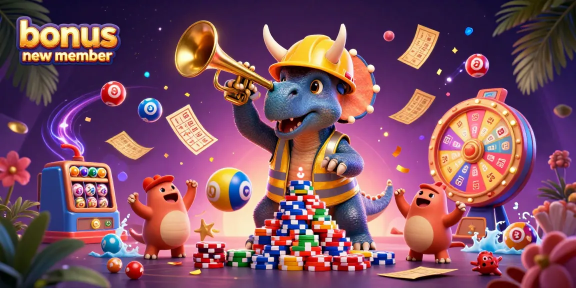 Celebrate with the bonus new member promotional artwork featuring cheerful dinosaurs and vibrant casino elements.