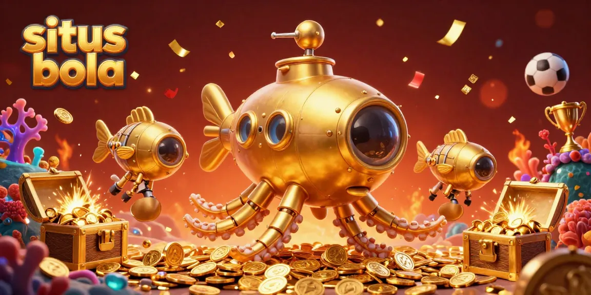 Shoot for wins on situs bola with a vibrant underwater scene featuring a golden kraken and mechanical fish alongside sports elements.