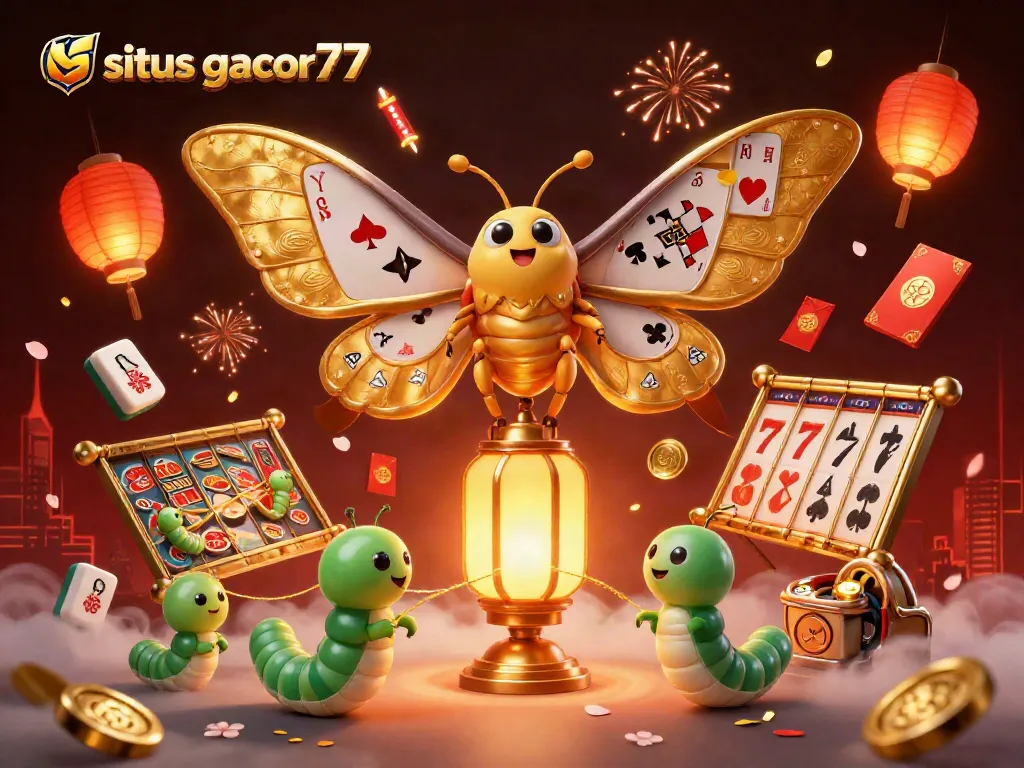Situs gacor77 menampilkan ilustrasi kasino yang megah dengan kupu-kupu atlas dan elemen keberuntungan.