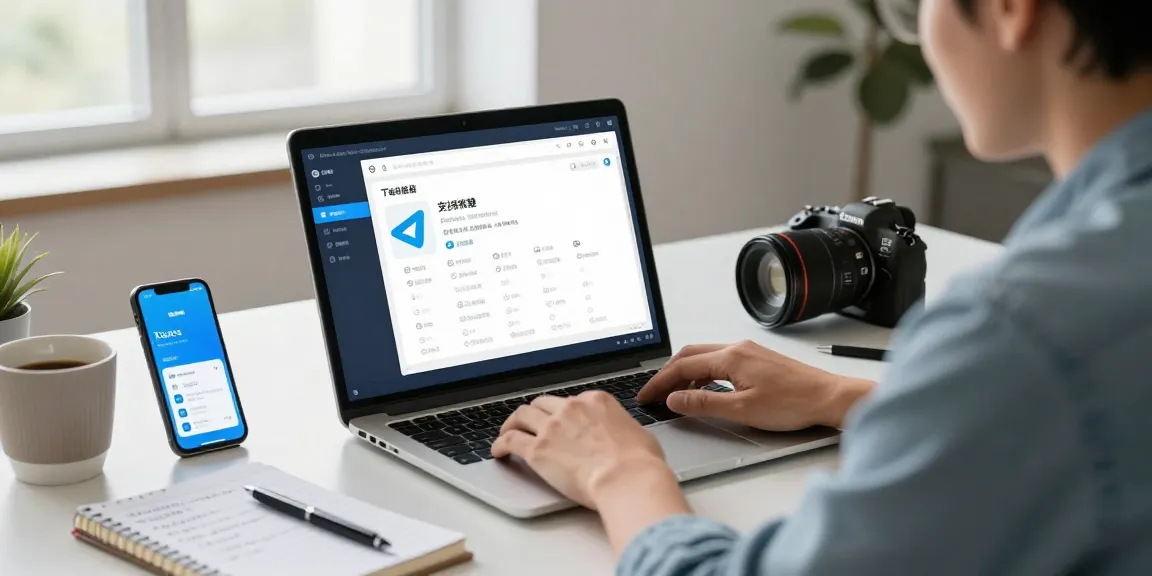 A user navigating the telegram china telegram guide on a laptop with language settings displayed in a modern workspace.