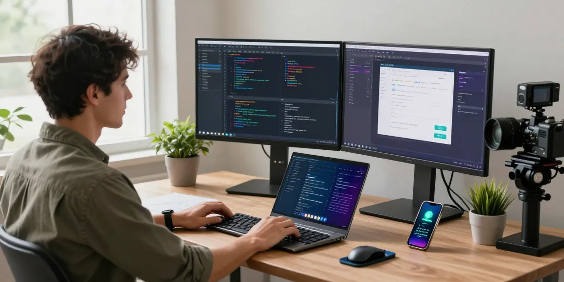 Developer coding at workspace showcasing telegramin-cn.com applications in a modern tech environment.