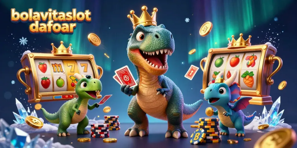 Enhance your gaming with bolavitaslot daftar, featuring playful cartoon dinosaurs engaging in slot games.