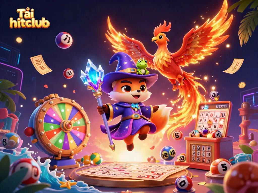 Tải hitclub with an enchanting wizard fox and phoenix amidst colorful lottery elements.
