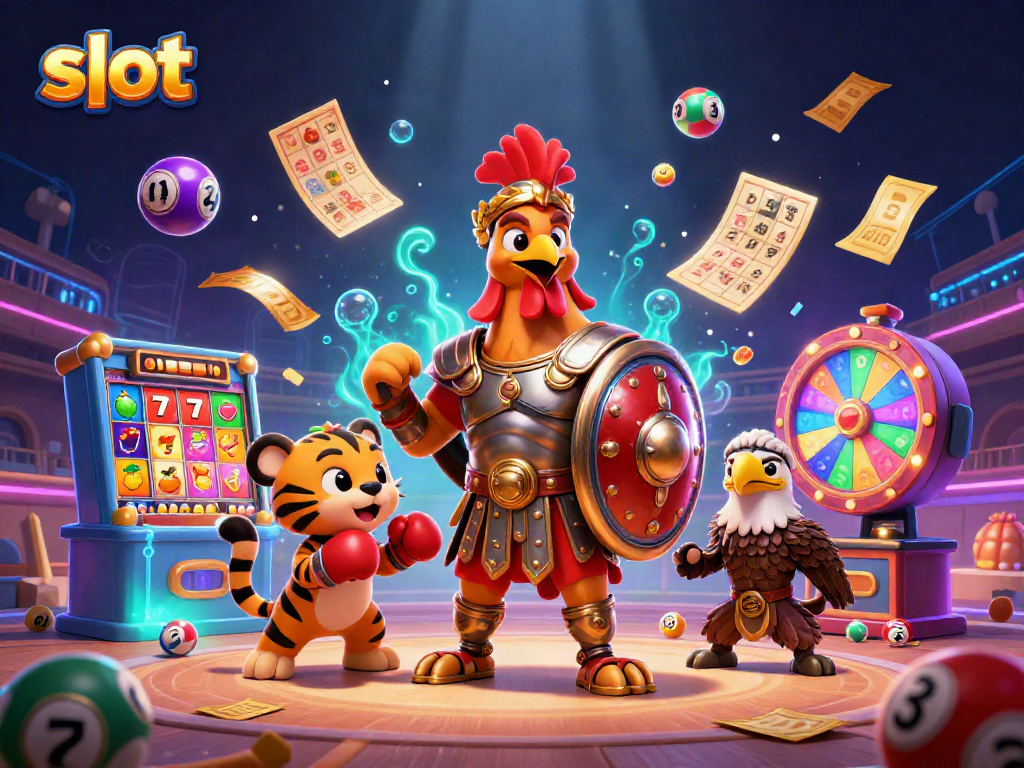 Experience exciting slot action with a gladiator rooster and dynamic game elements in vibrant 3D.