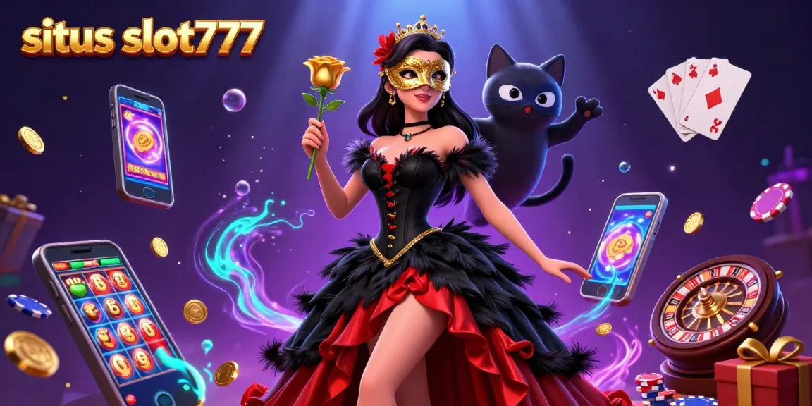 Sparkling scene showcasing situs slot777 with a woman in a dramatic gown, golden coins exploding from smartphone slot games.
