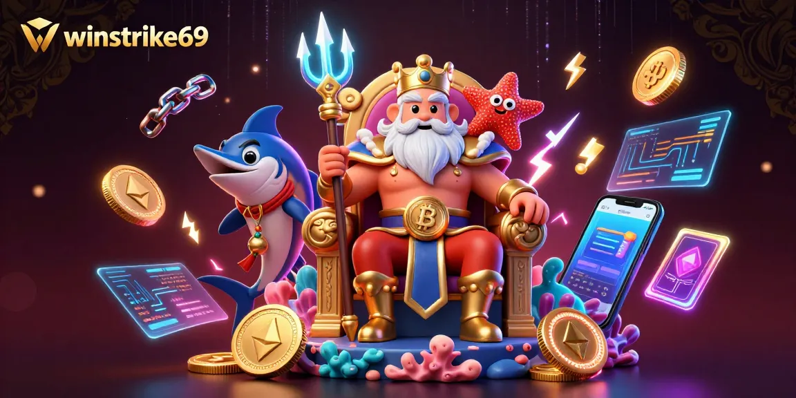 Winstrike69 showcases a lively casino scene with Neptune, digital crypto elements, and vibrant game graphics.