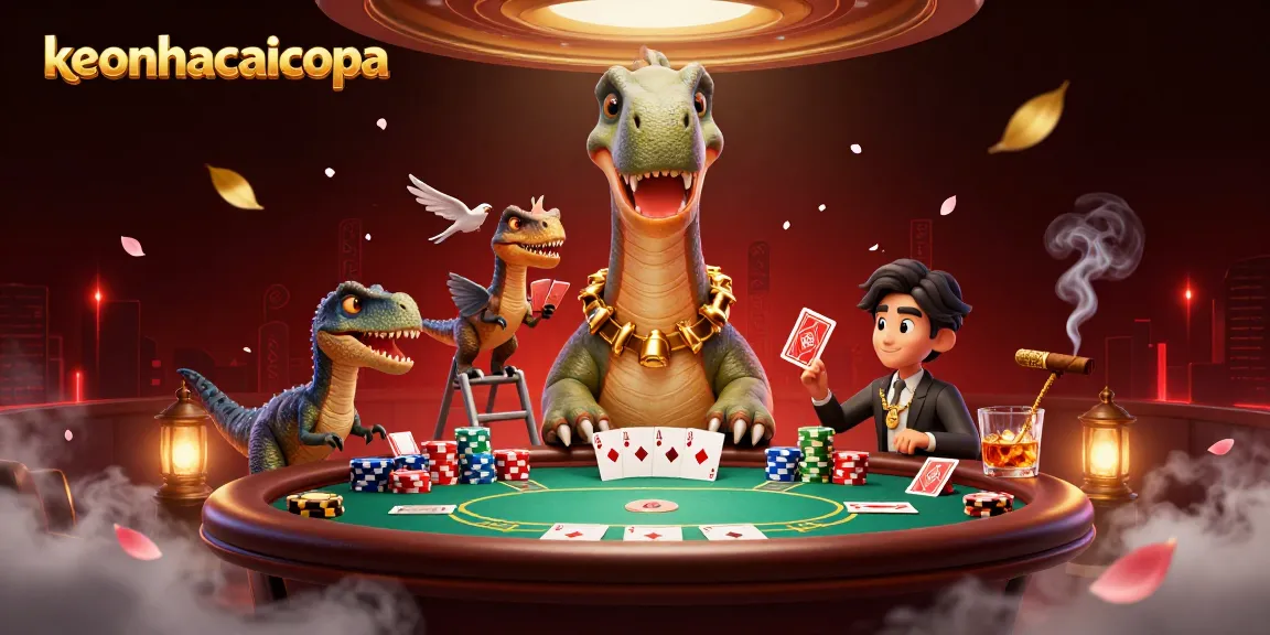 Engage with keonhacaicopa's vibrant 3D casino scene where card dealing meets playful dinosaurs.