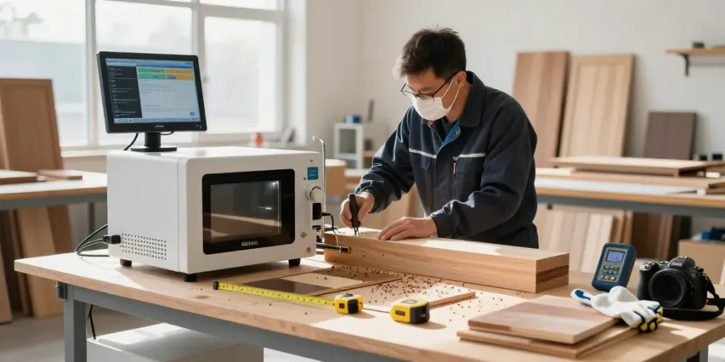 SHASHEL® microwave wood treatment in a professional workshop eliminating wood-boring insects.