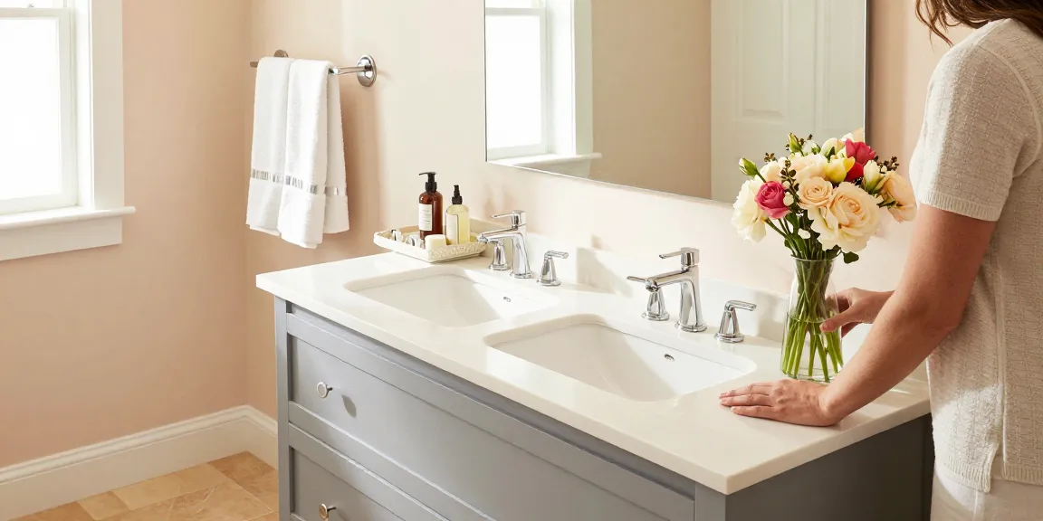 Stylish bathroom vanity with double sink and fresh flowers, creating an inviting atmosphere.